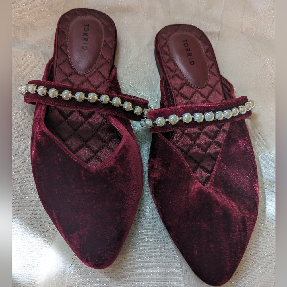 Burgundy Velvet Slip-ons with pearl strap.